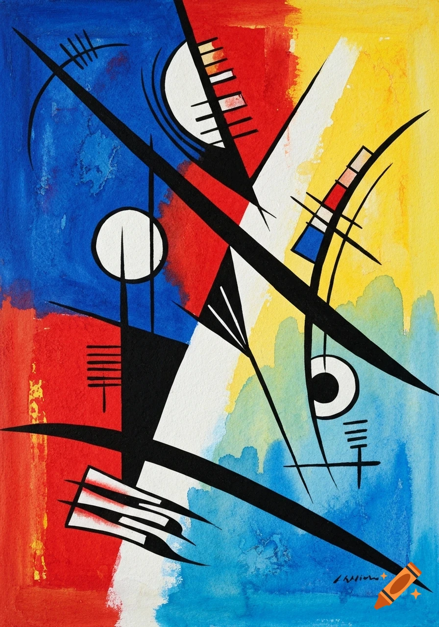 Abstract watercolor painting featuring black lines, geometric shapes, and blocks of red, blue, and yellow.