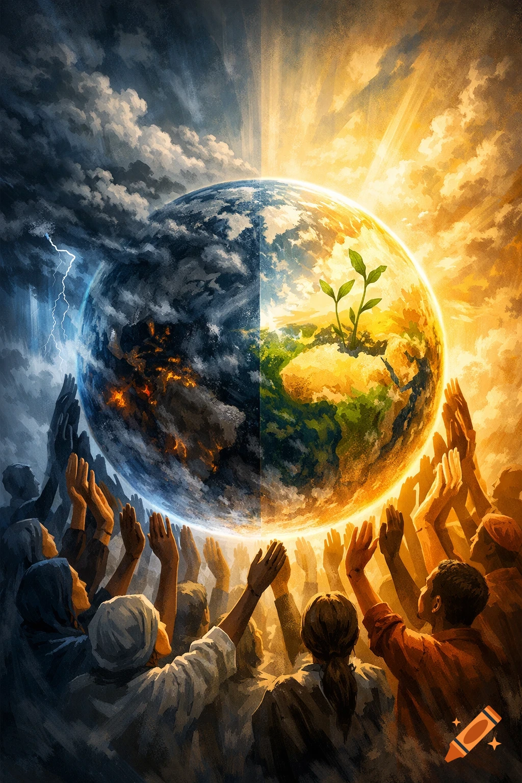 A symbolic digital painting of Earth split between stormy desolation and sunny growth, with diverse people raising hands in hope.