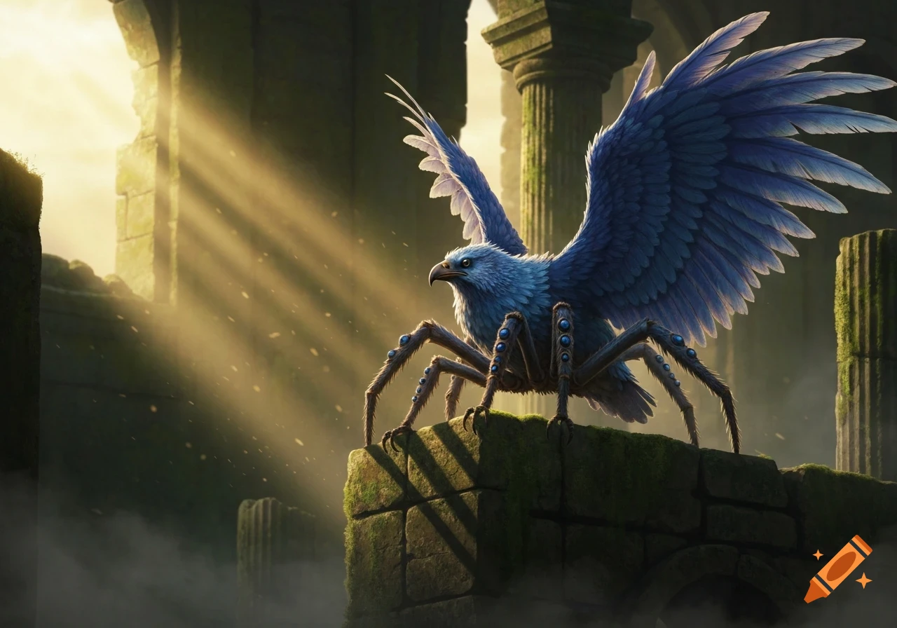 A blue bird-spider hybrid with widespread wings stands on mossy ancient ruins bathed in sunbeams filtering through a crumbling archway.