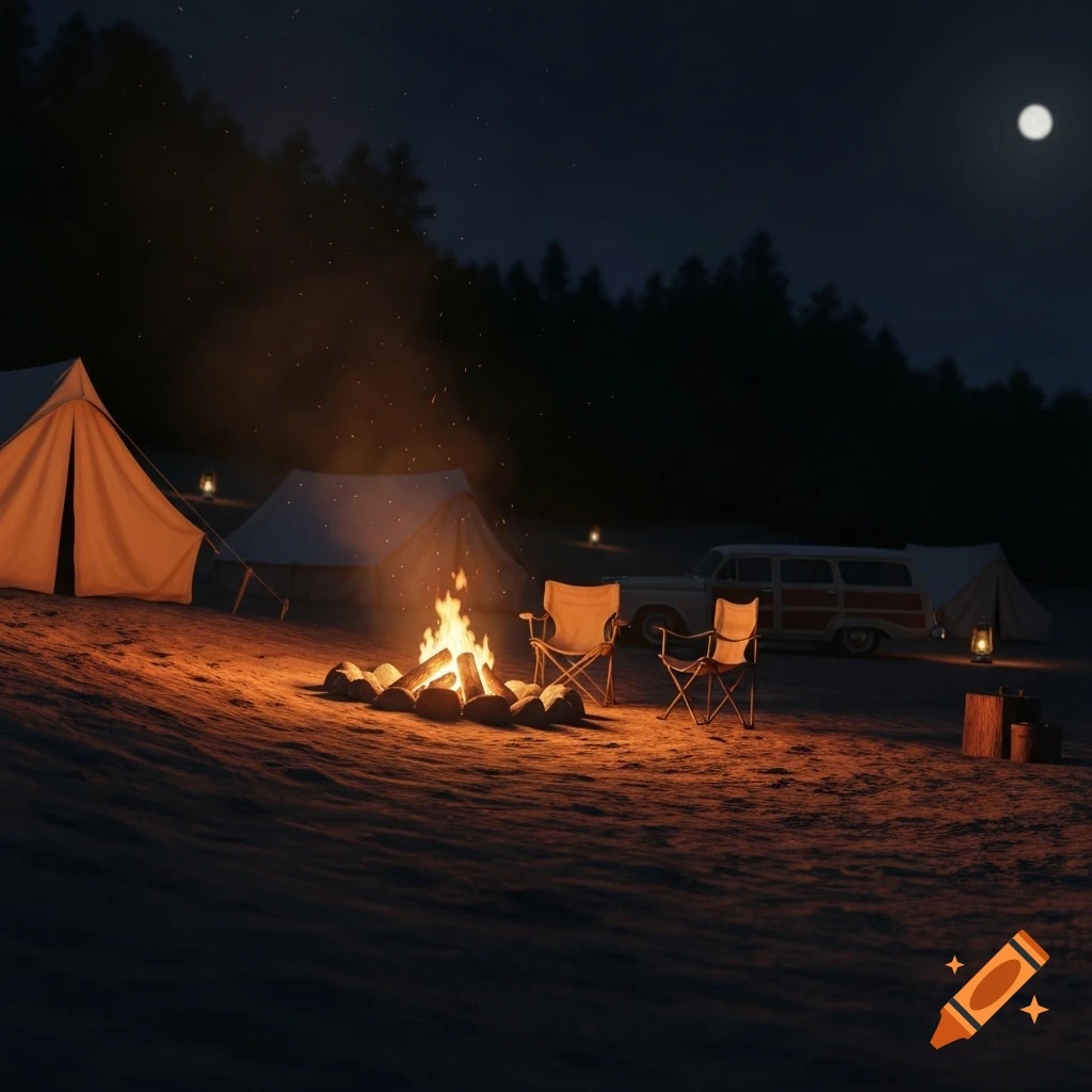 Photorealistic 1960s campground at night with tents, a glowing campfire, two chairs, and a vintage station wagon under a full moon.