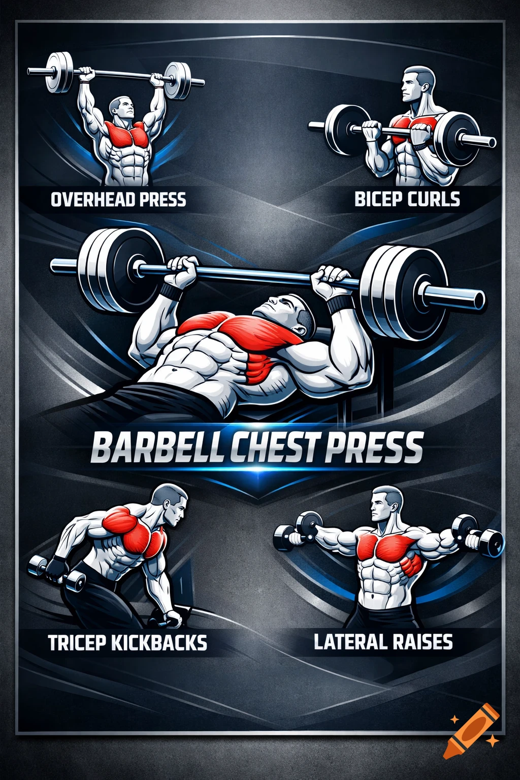 An exercise poster with five cartoon illustrations of muscular men performing different weightlifting exercises: Overhead Press, Bicep Curls, Barbell Chest Press, Tricep Kickbacks, and Lateral Raises. The background is dark gray with blue accents.