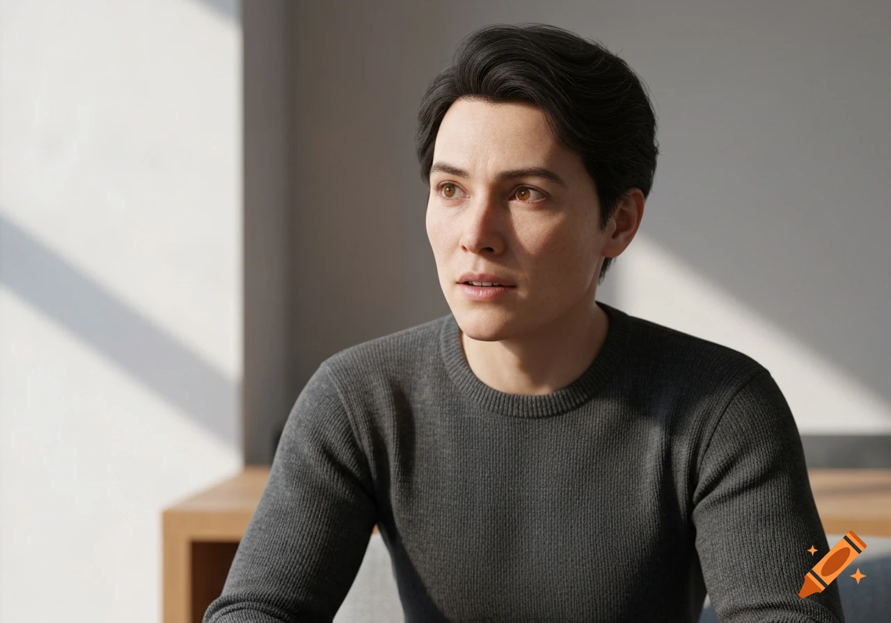 Photorealistic portrait of a thoughtful person in a dark sweater looking off-camera in a modern, naturally lit room.
