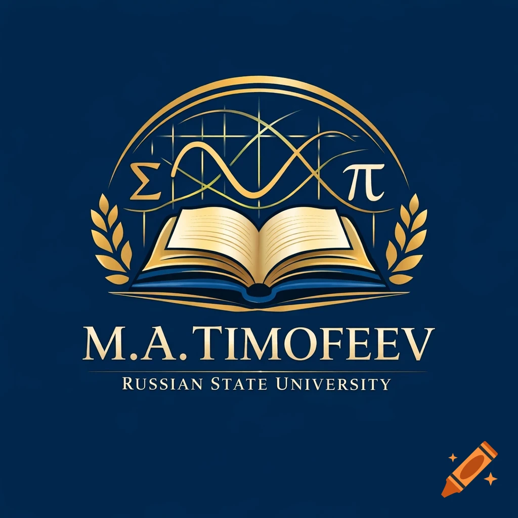 Gold and blue logo for M.A. Timofeev Russian State University, featuring an open book, laurel wreath, and mathematical symbols.