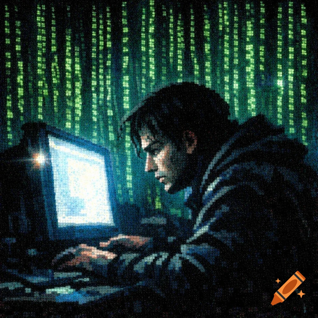A pixelated side profile of a person in a hoodie typing on a computer, with green falling 'hacker code' in the background.