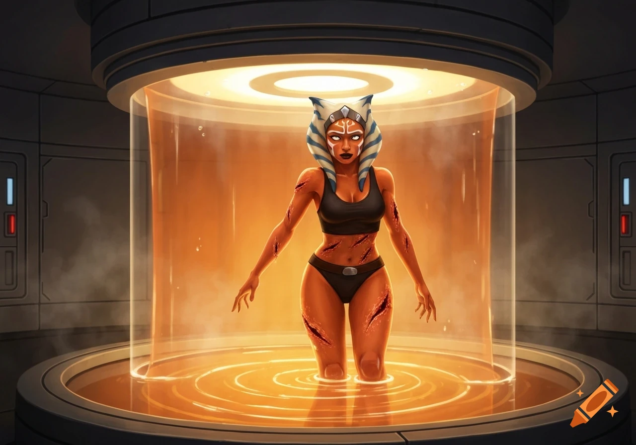 Illustrated Ahsoka Tano in a black swimsuit, covered in stylized wounds, standing in an orange liquid-filled bacta tank within a futuristic room.