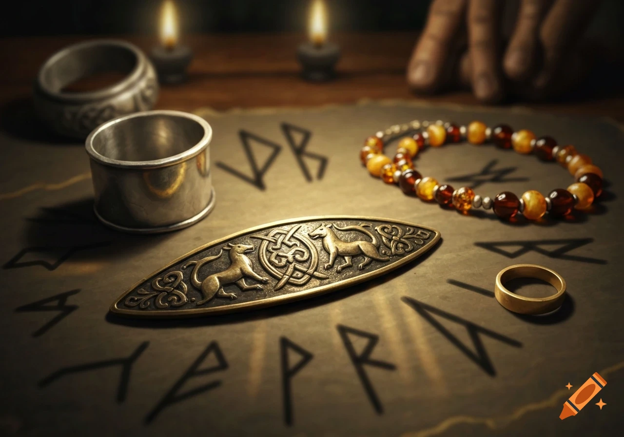 Close-up of a bronze brooch with animal motifs and Celtic knots, surrounded by rings, a beaded bracelet, and runes, lit by candles.