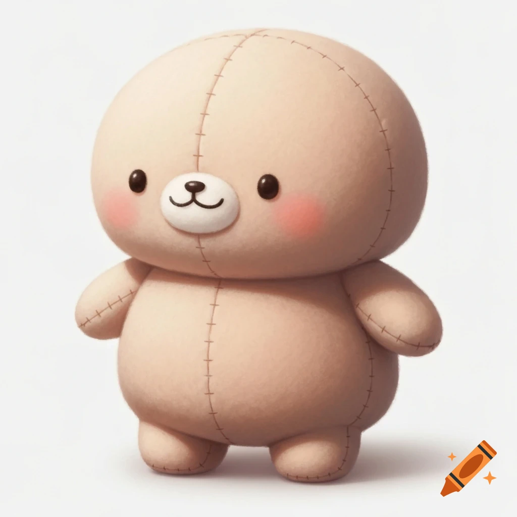 A cute, round, light brown plush bear with blush cheeks and small embroidered features, standing against a white background.