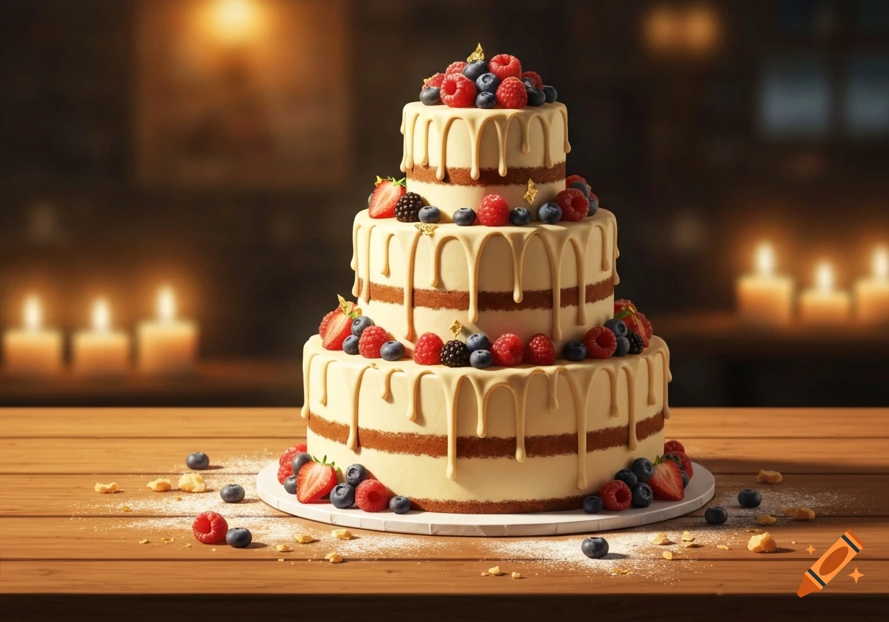 A three-tiered cake with white frosting, raspberries, blueberries, and strawberries, on a wooden table with blurred candles in background.