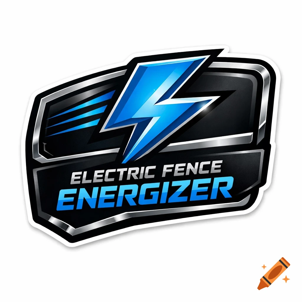A stylized logo with a prominent blue lightning bolt against a black and silver background, featuring the text "ELECTRIC FENCE ENERGIZER".