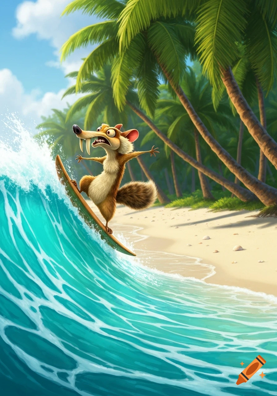 Scrat from Ice Age cartoon enthusiastically surfs a turquoise wave at a tropical beach with palm trees.