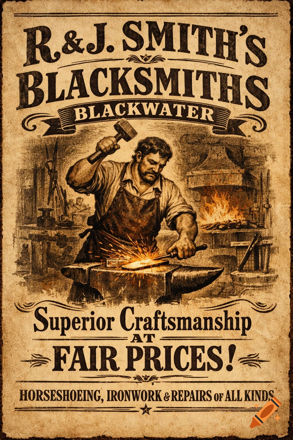Vintage-style poster for R&J. Smith's Blacksmiths in Blackwater, showing a blacksmith at an anvil with sparks.