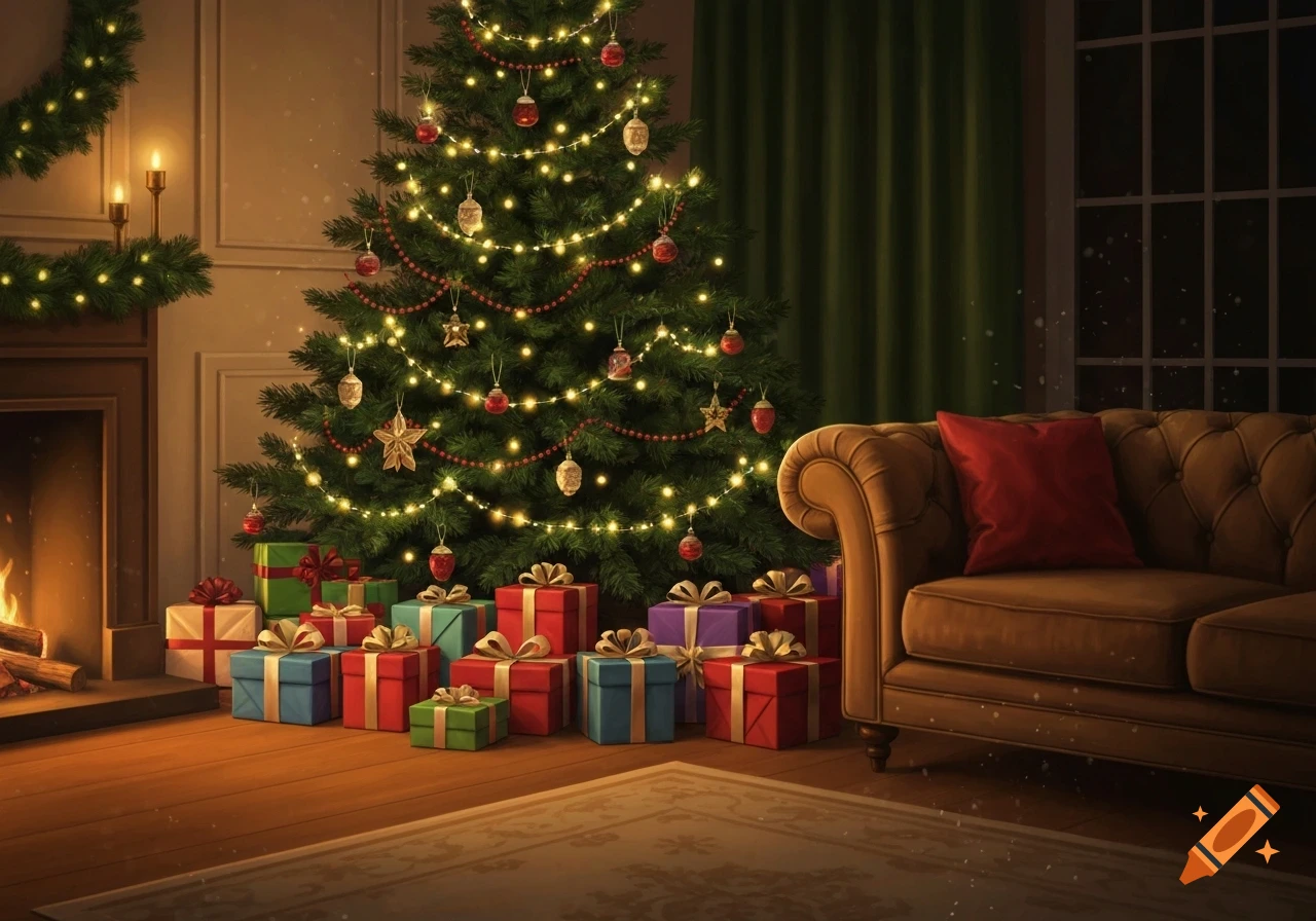 A warmly lit living room on Christmas Eve with a decorated tree, numerous gifts, a crackling fireplace, and a brown sofa.