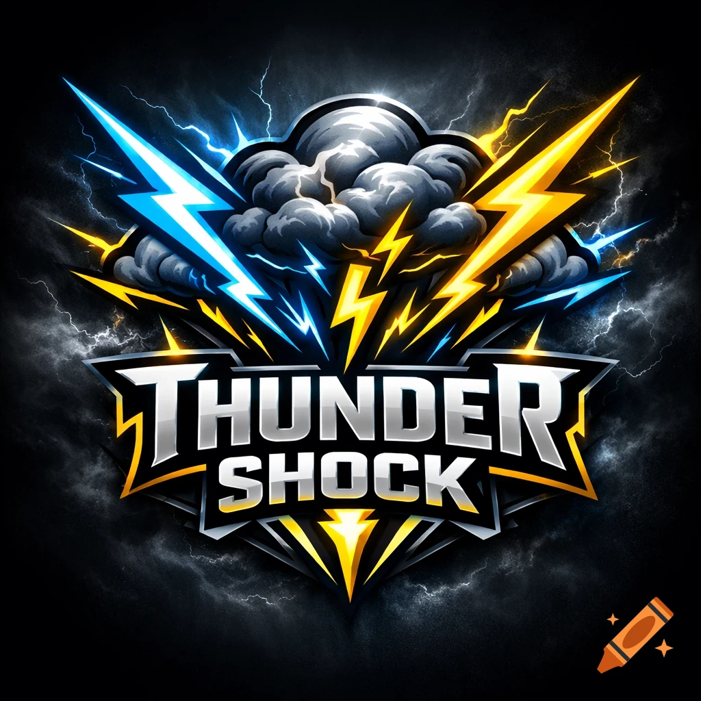 A superhero logo featuring a storm cloud, blue and yellow lightning bolts, and the stylized text "THUNDER SHOCK".