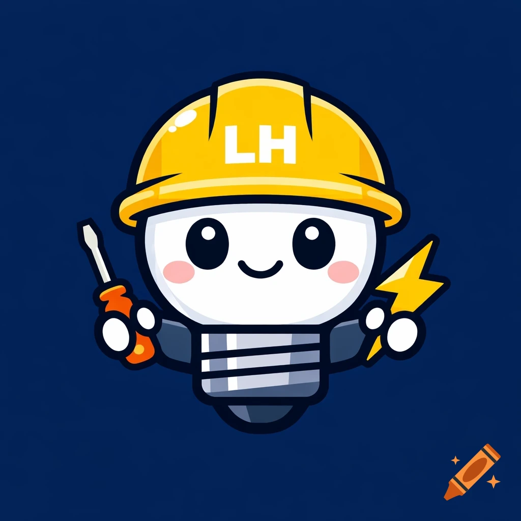 A cute, round lightbulb character wearing a yellow hard hat with 'LH' logo, holding a screwdriver and a lightning bolt on a navy background in a flat illustration style.