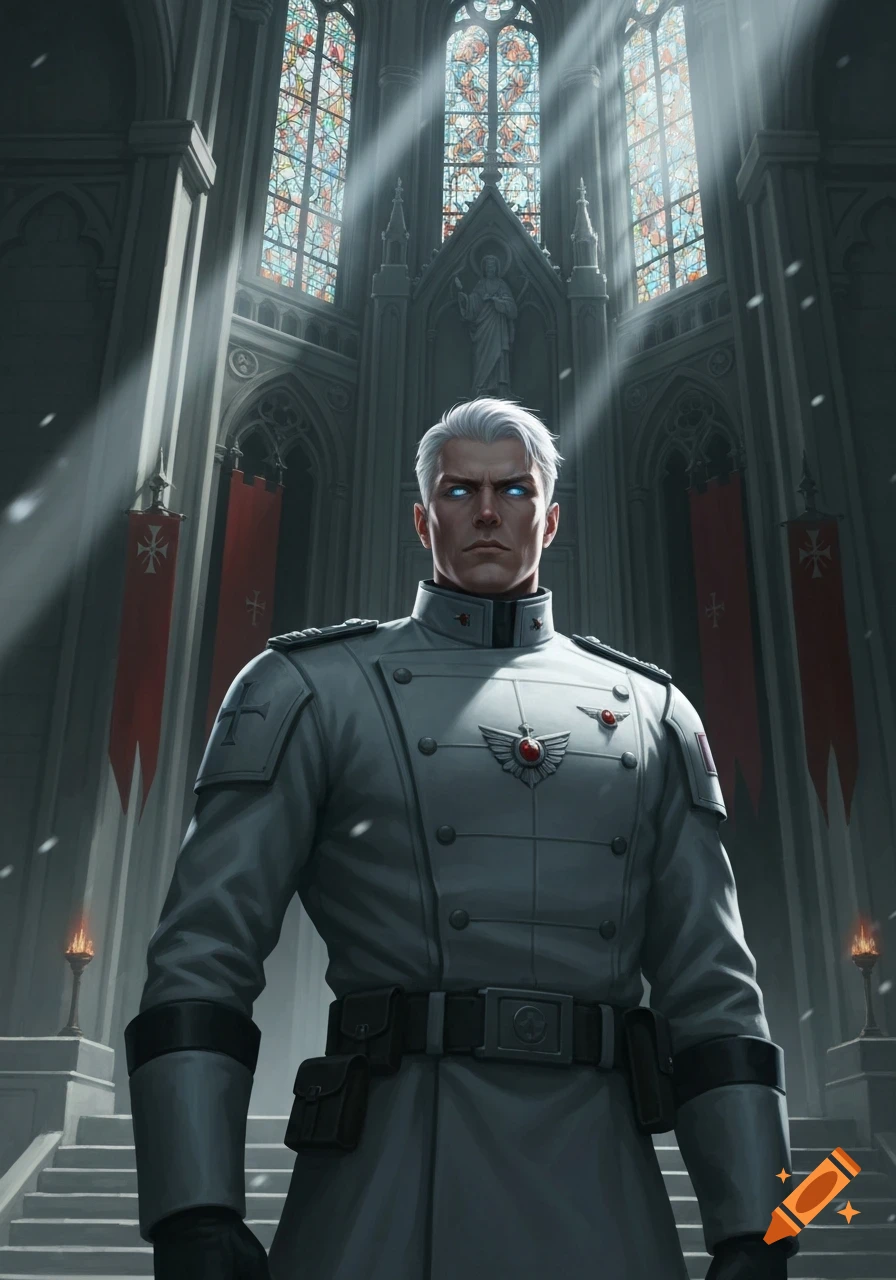 A stern, white-haired man in a white military uniform with glowing blue eyes stands in a gothic cathedral, Warhammer 40k style.