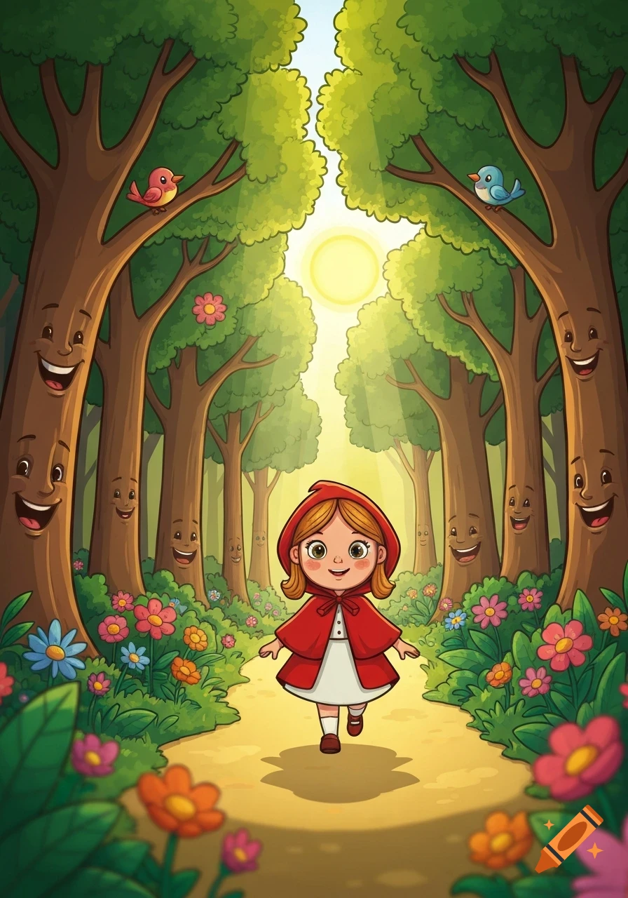 Little Red Riding Hood walks a sunny path through a vibrant forest with smiling trees, birds, and colorful flowers, in a cheerful cartoon style.