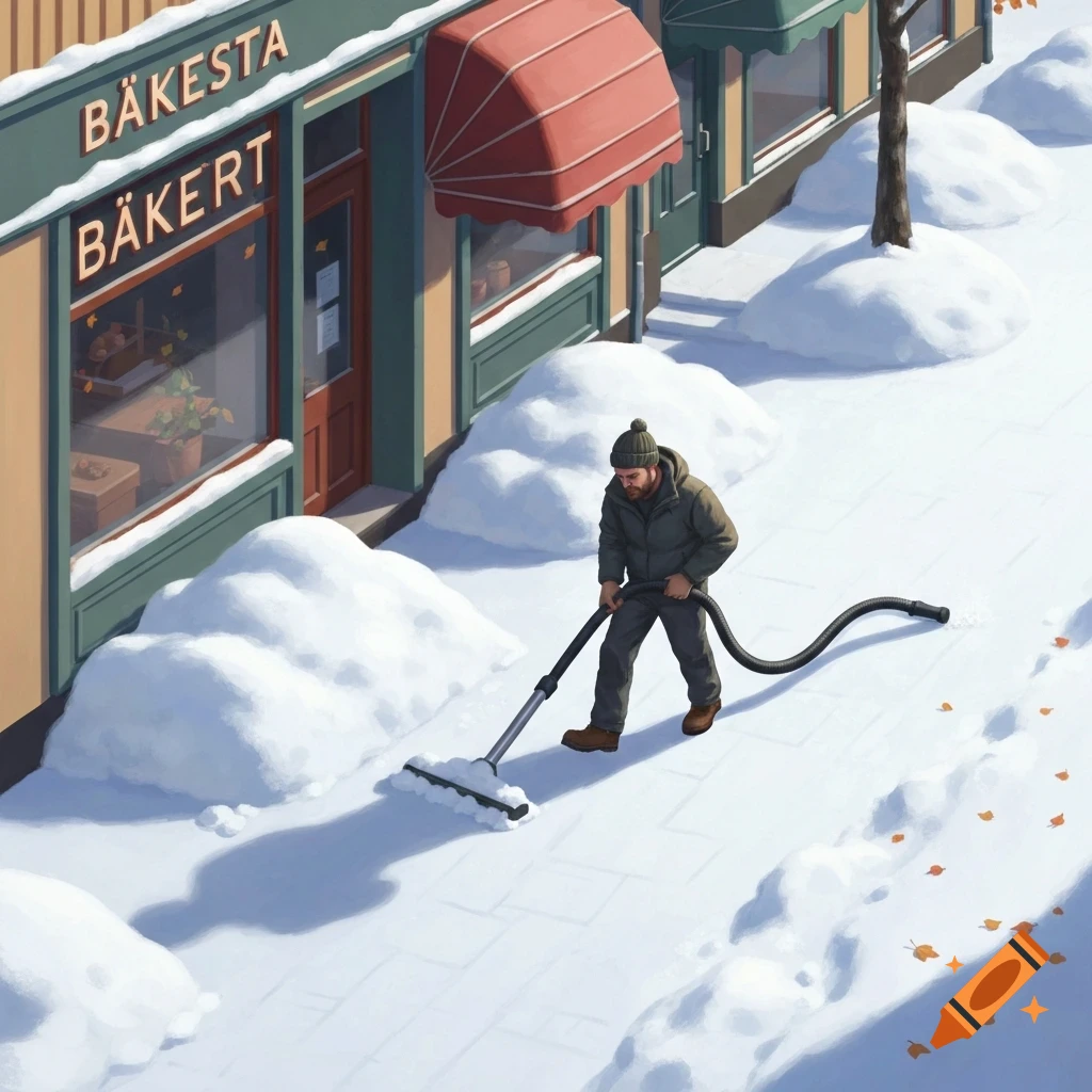 A man vacuums deep snow on a city sidewalk in front of a bakery on a sunny winter day, with fallen leaves on the path.