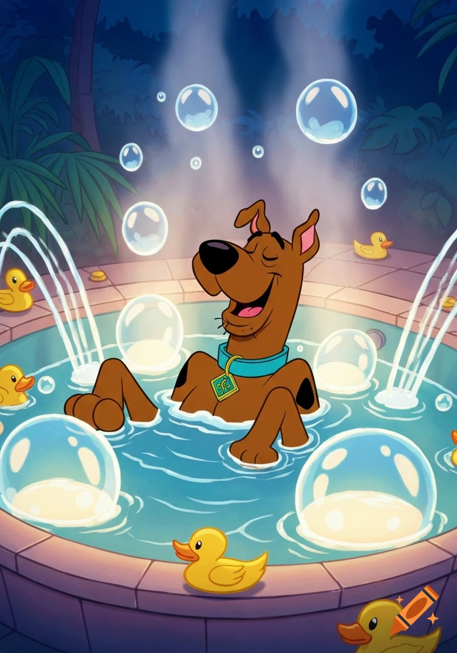 Cartoon Scooby-Doo relaxing happily in a bubbly hot tub with rubber ducks and water jets.