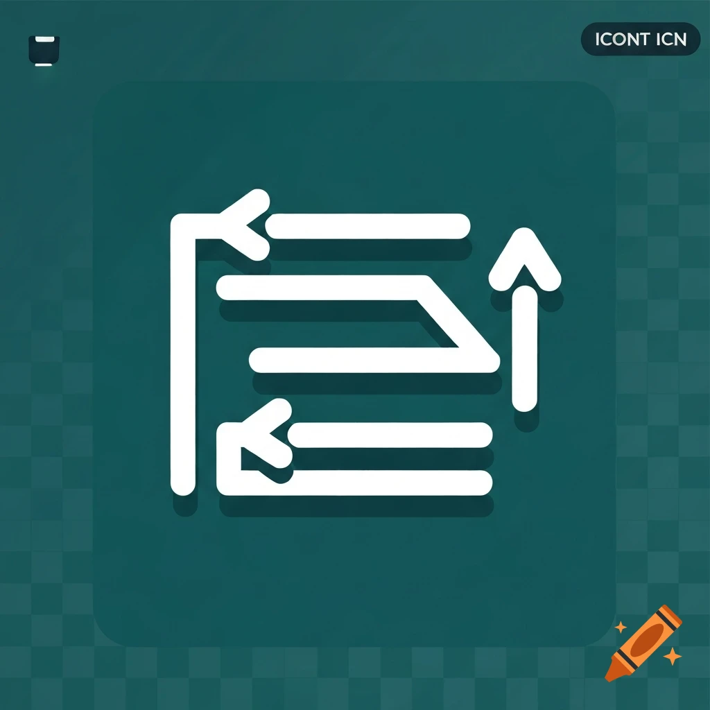 Minimalist white abstract icon with interconnected lines and arrows, on a dark teal background with a subtle grid pattern.