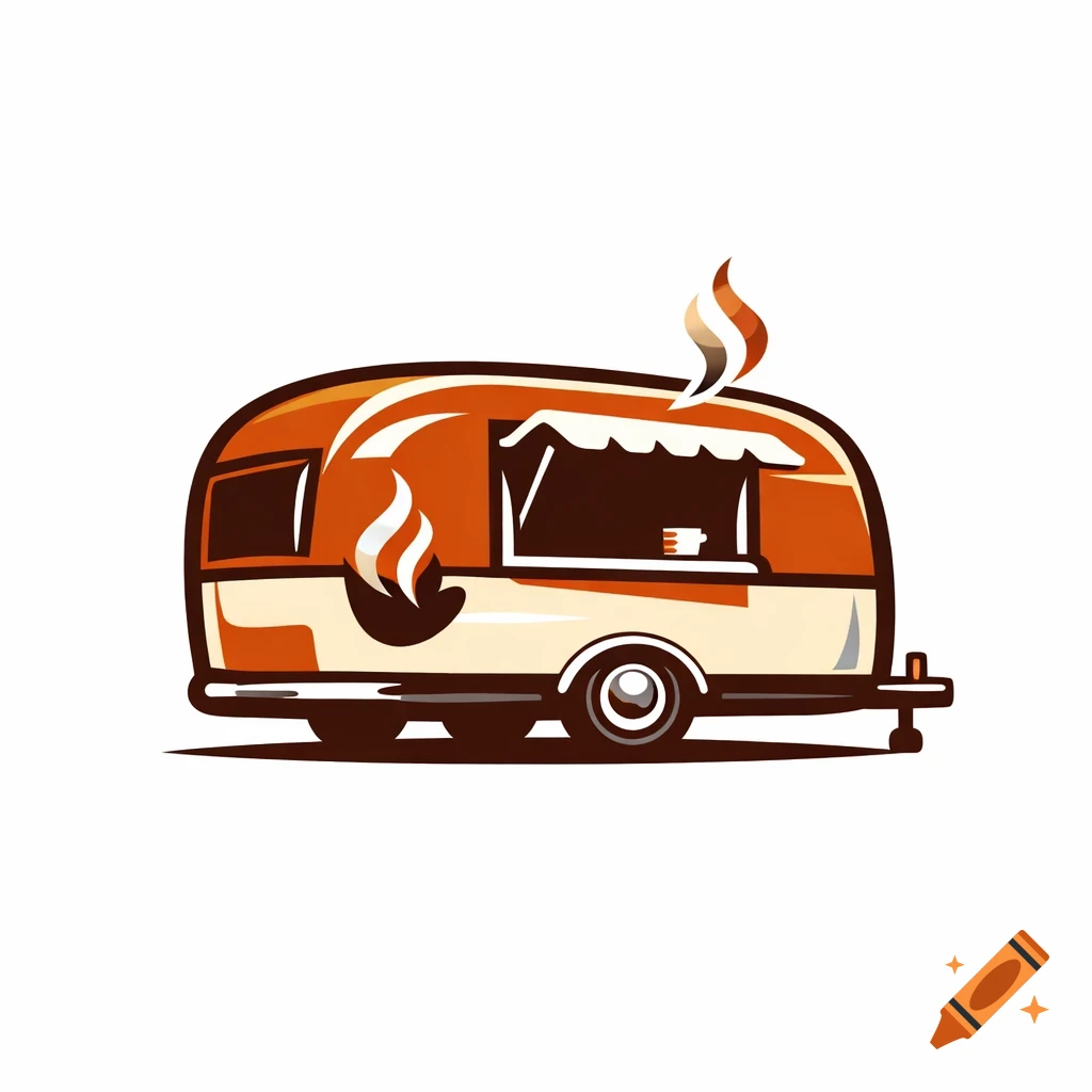 Cartoon orange and cream food truck logo with stylized steam.