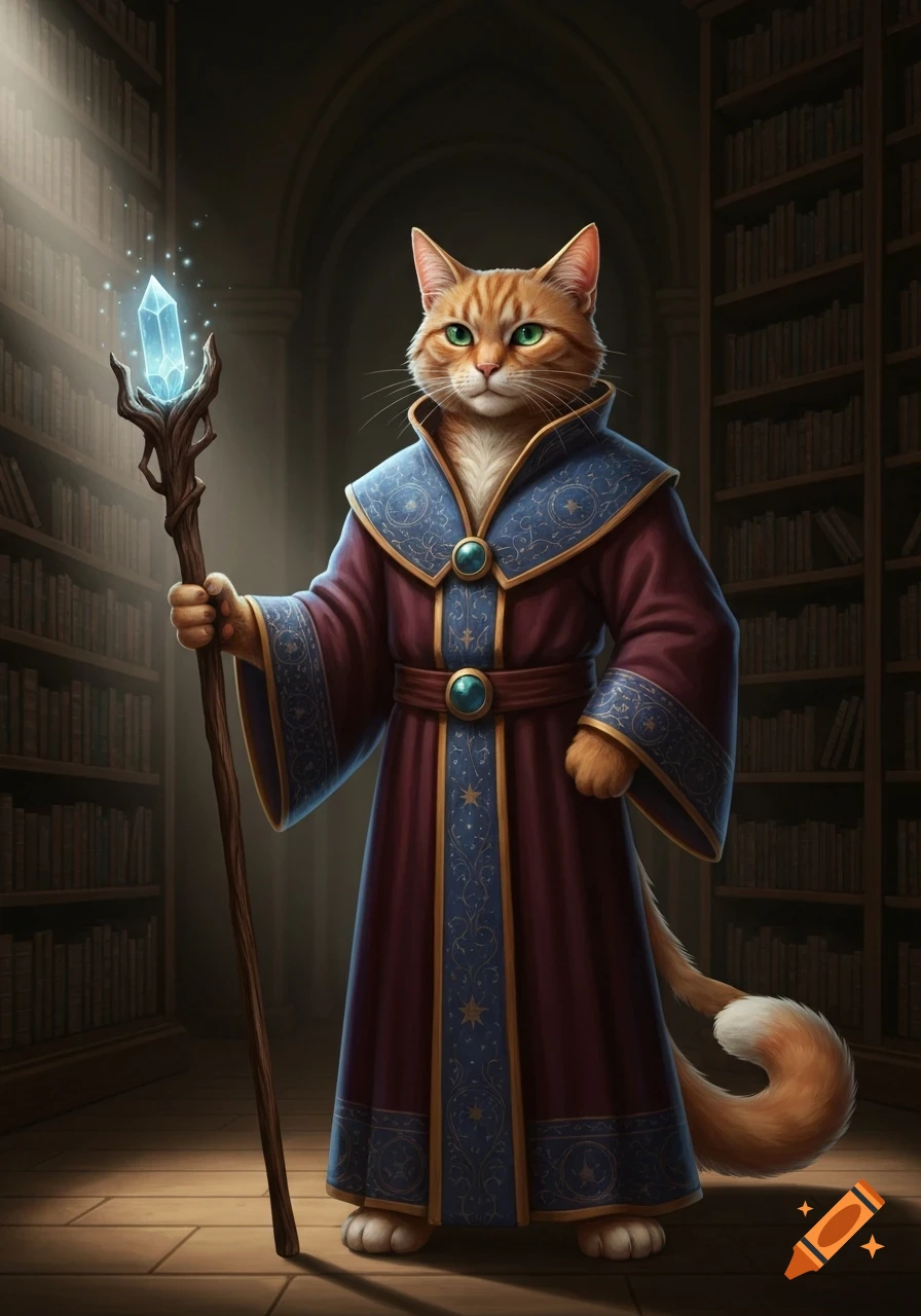 An anthropomorphic ginger cat wizard with green eyes stands in a dark library, holding a glowing crystal staff.