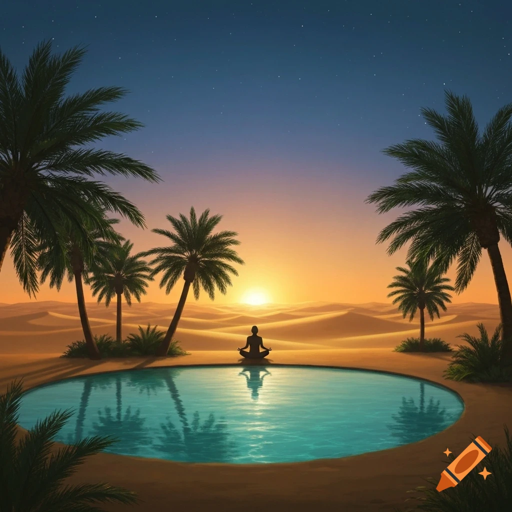 A silhouette meditates in lotus position beside an oasis pool with palm trees in a desert at sunset.