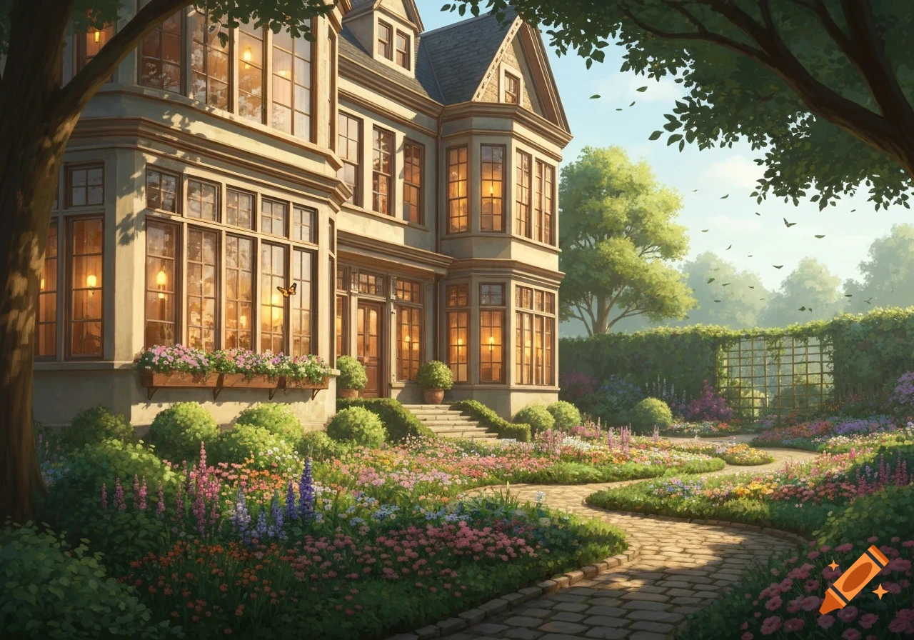 A grand, multi-windowed house bathed in sunlight, surrounded by a lush, colorful garden with a winding stone path.