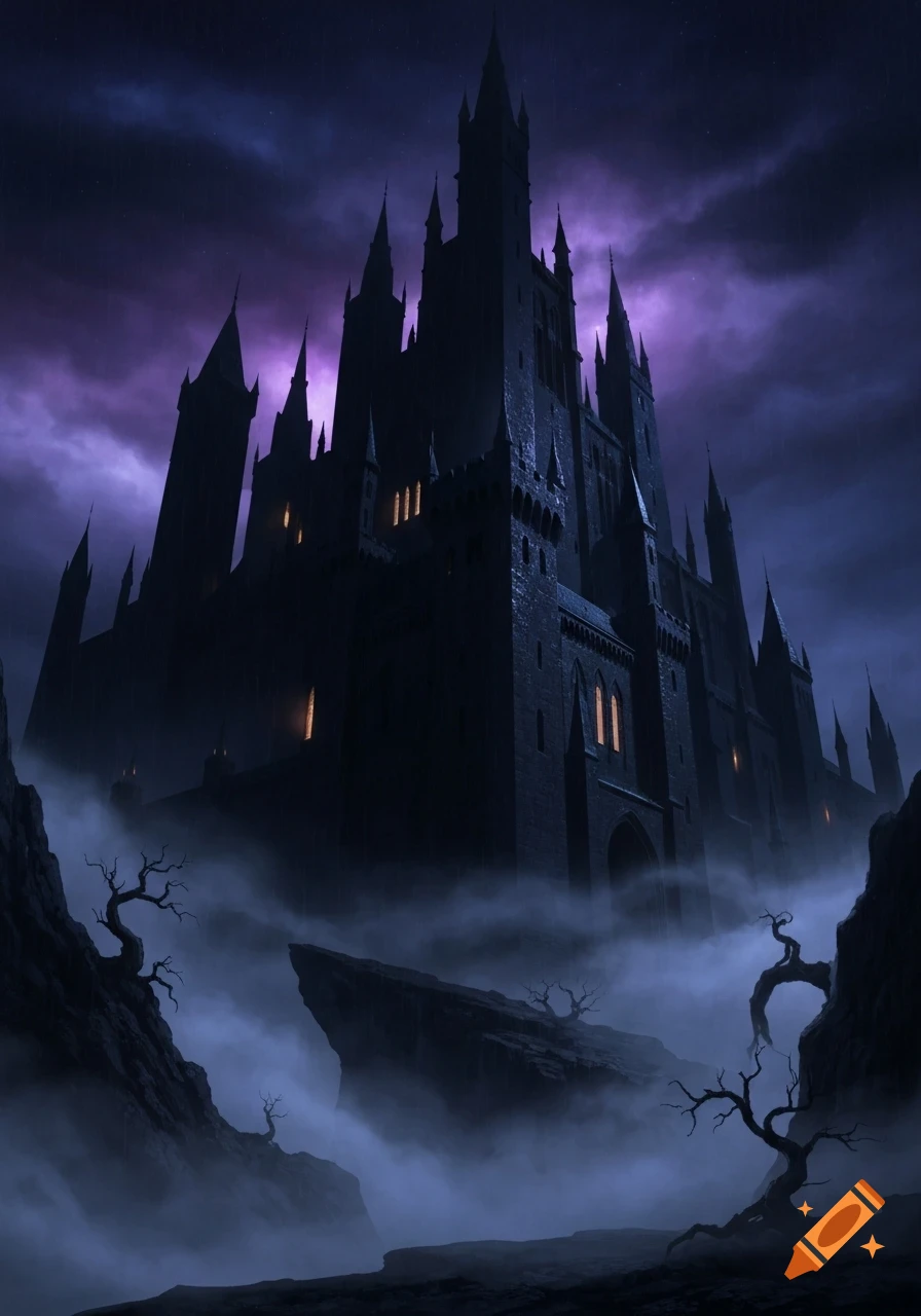 A towering, dark gothic castle looms under a stormy purple sky ...