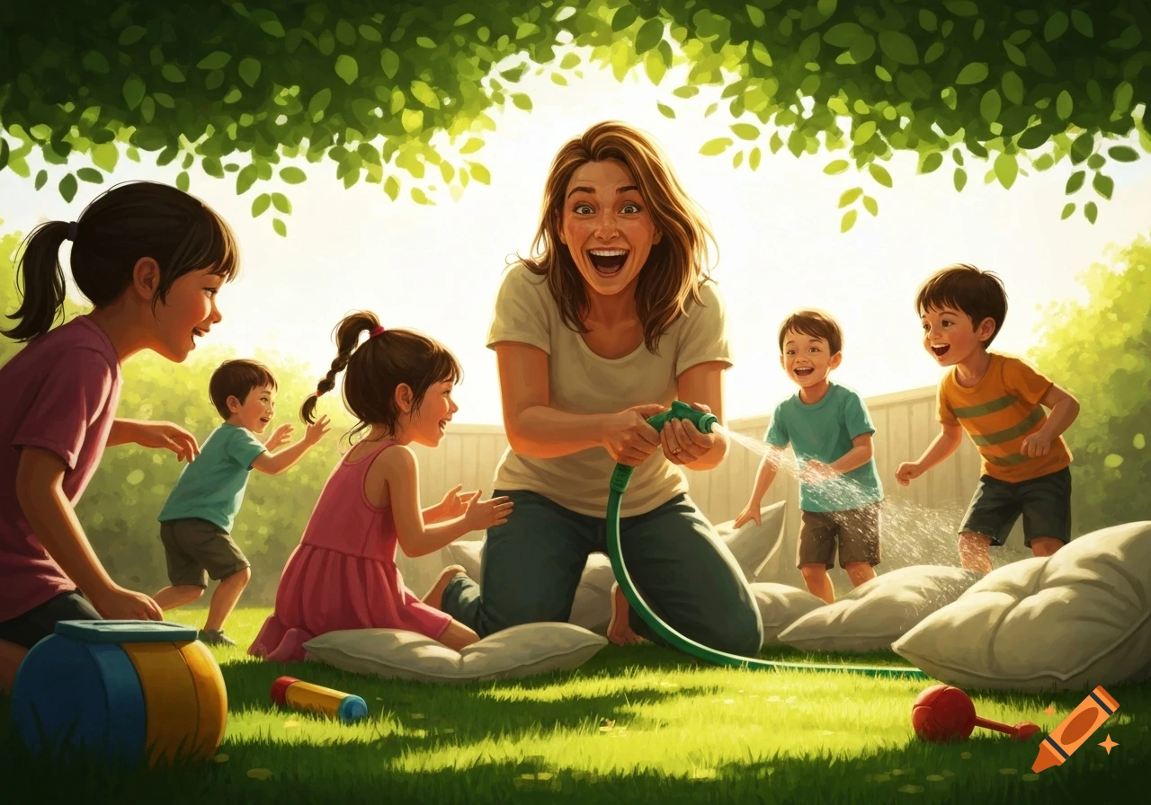 A smiling woman and four children joyfully play with a garden hose on a sunny grassy lawn, surrounded by lush green foliage.