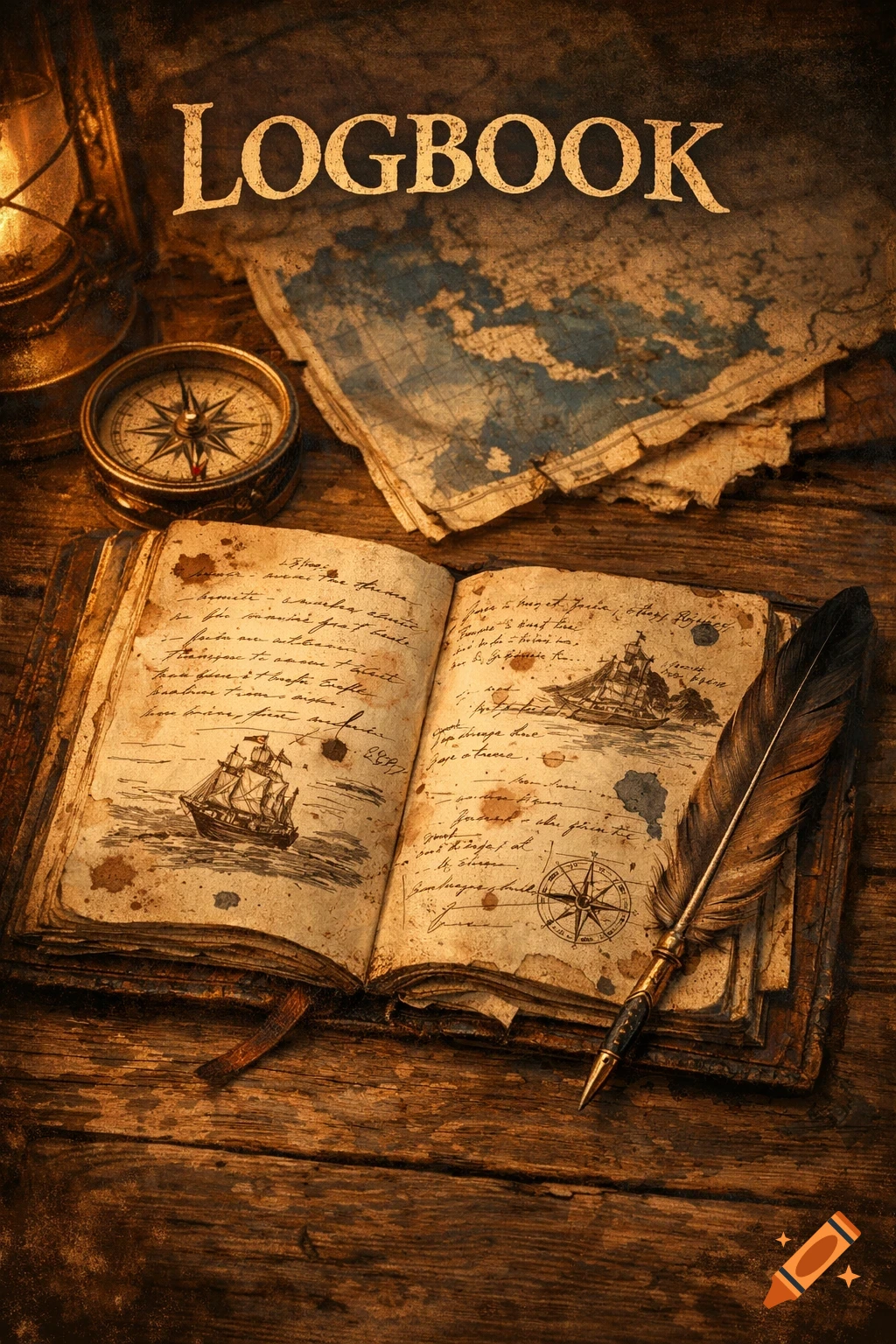 An open vintage logbook with ship drawings and writing, a compass, maps, quill pen, and lantern on a wooden table.