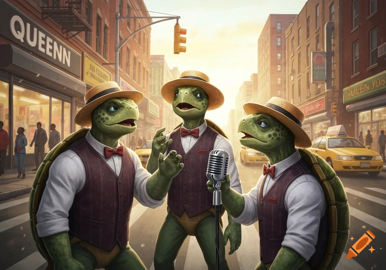 Three anthropomorphic turtles wearing straw fedoras, white shirts, maroon vests, and red bow ties, singing on a city street. One turtle holds a vintage microphone, while yellow taxis and blurred pedestrians are in the background.