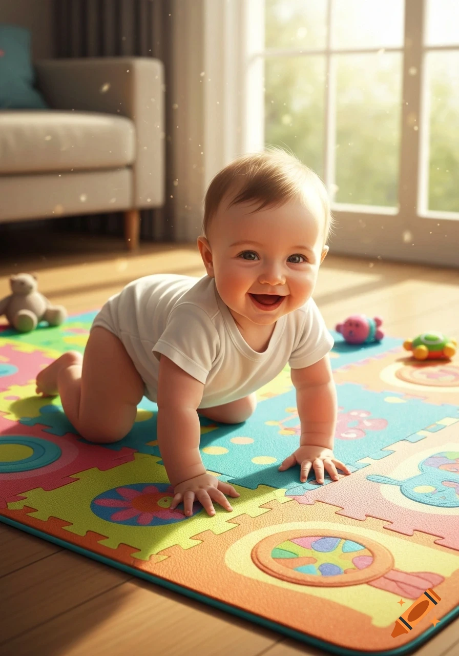 Happy photorealistic baby crawling on a colorful playmat in a sunlit room.