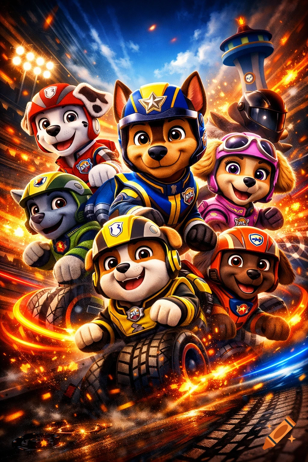 Several Paw Patrol characters in colorful racing suits and helmets speed through a vibrant, action-packed race track with fiery effects, under a blue sky.