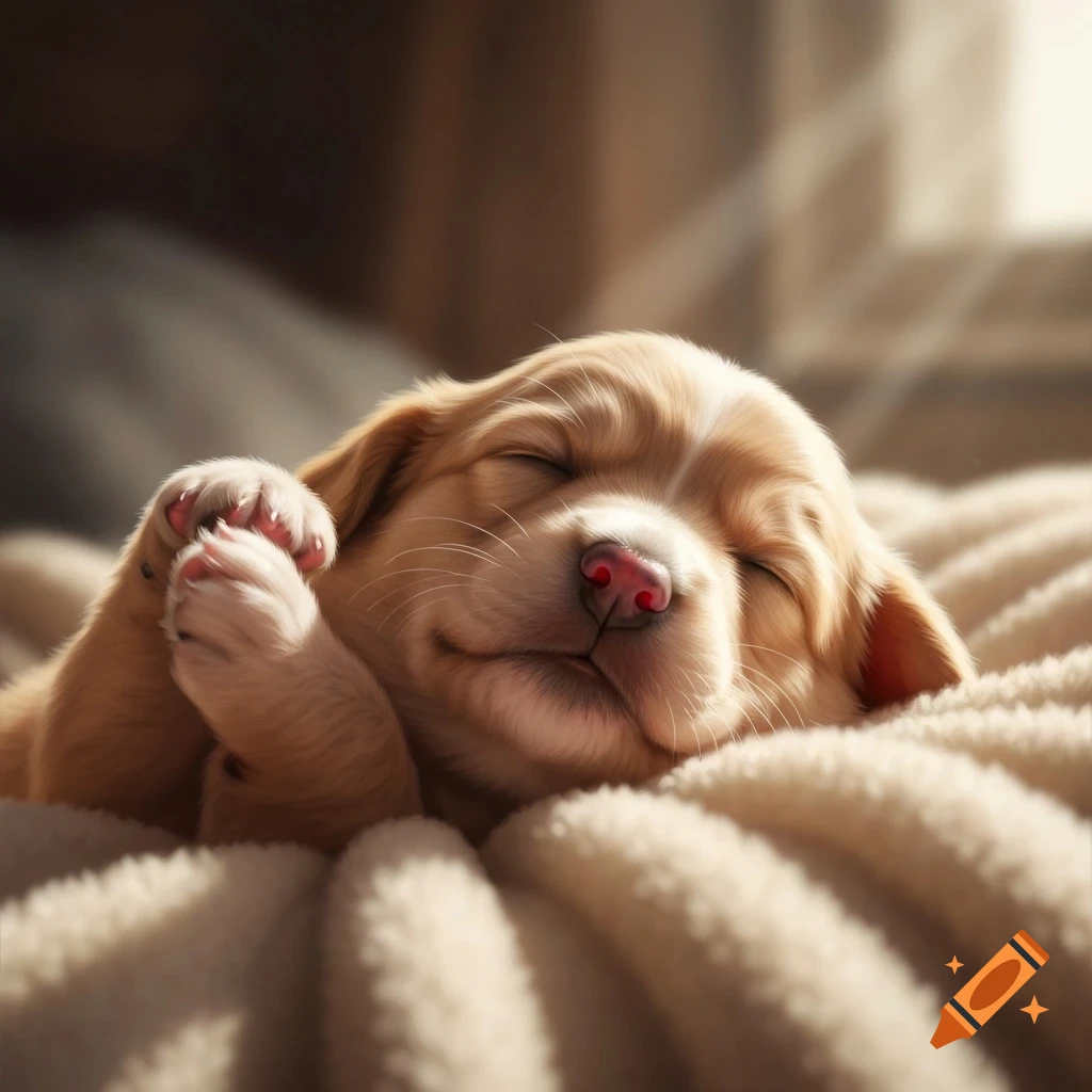 A cute, light brown newborn puppy with closed eyes, sleeping peacefully on a soft beige blanket.