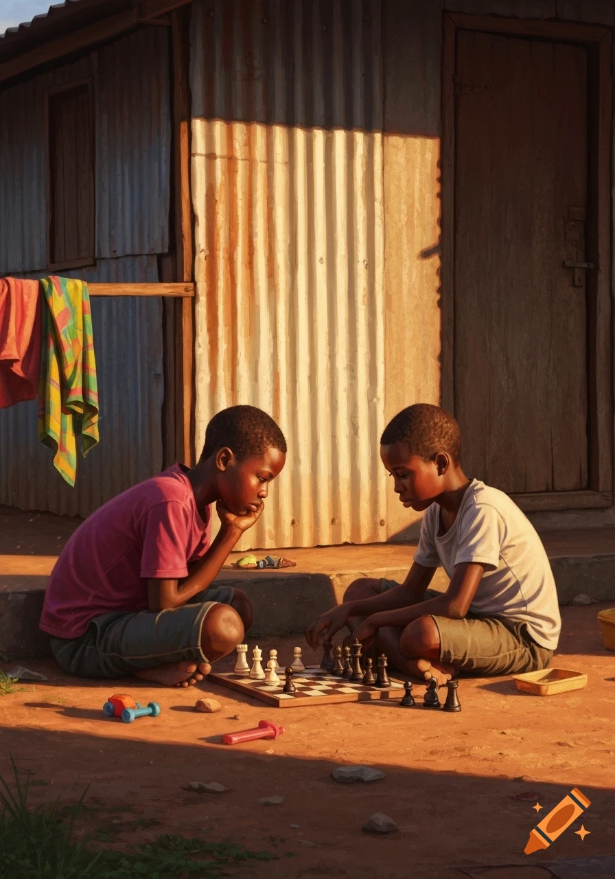 Two African children playing chess on the dusty ground outside a metal house in warm sunlight.