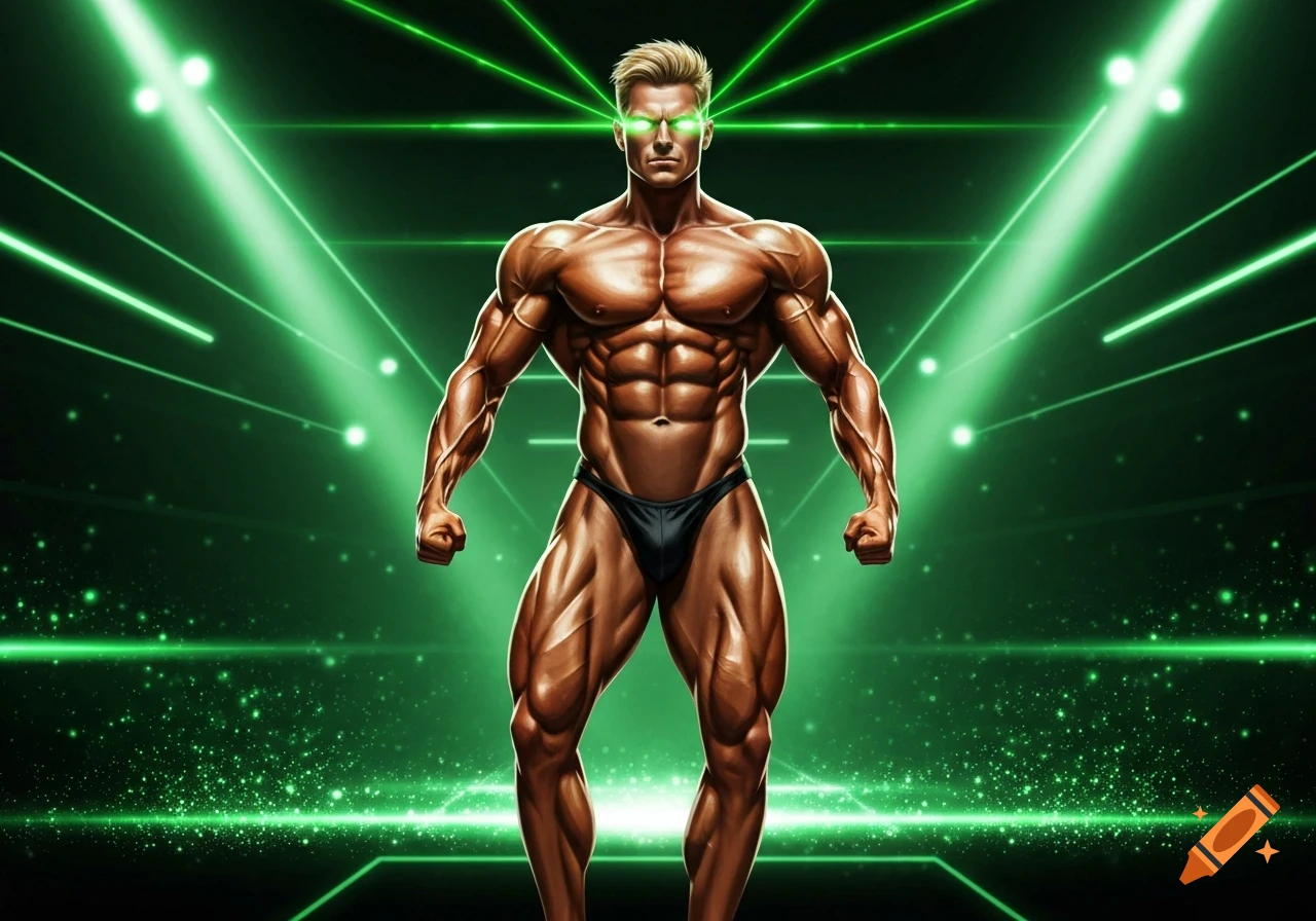 Muscular blond bodybuilder with green laser eyes posing on a sparkling green lit stage.