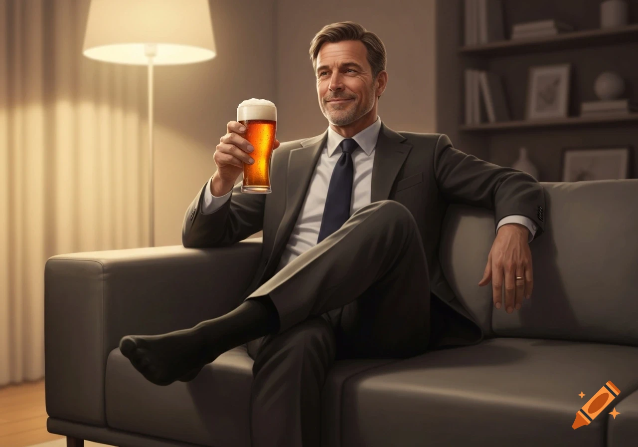 Photorealistic image of a smiling 50-year-old man in a suit and black dress socks, relaxing on a couch with a glass of beer.