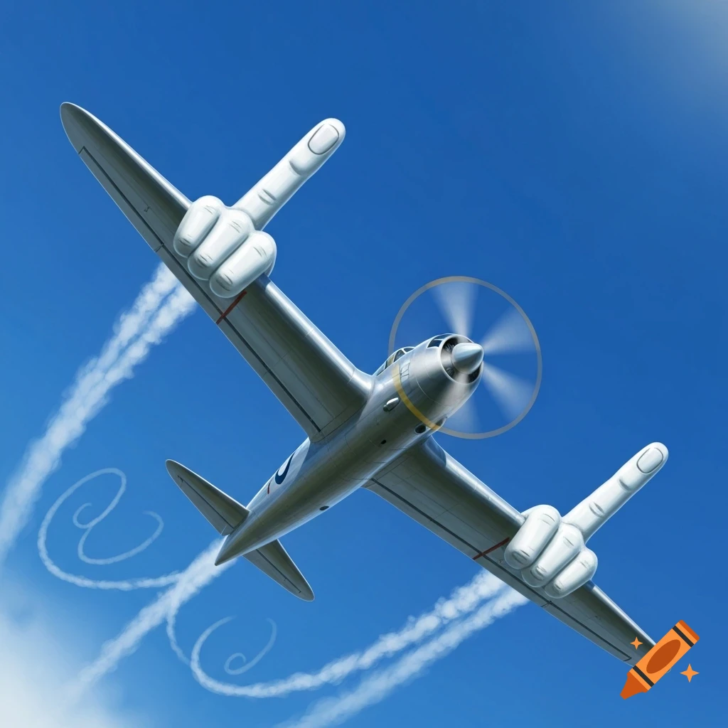 A stylized silver airplane flies against a bright blue sky, with its wings depicted as large white hands giving the middle finger gesture.