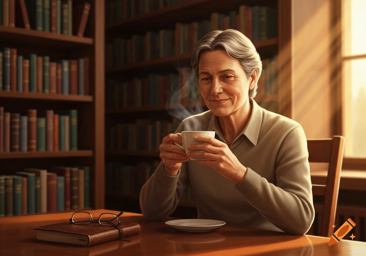An older woman with gray hair smiles while holding a steaming cup of tea in a warm, sunlit library with bookshelves.