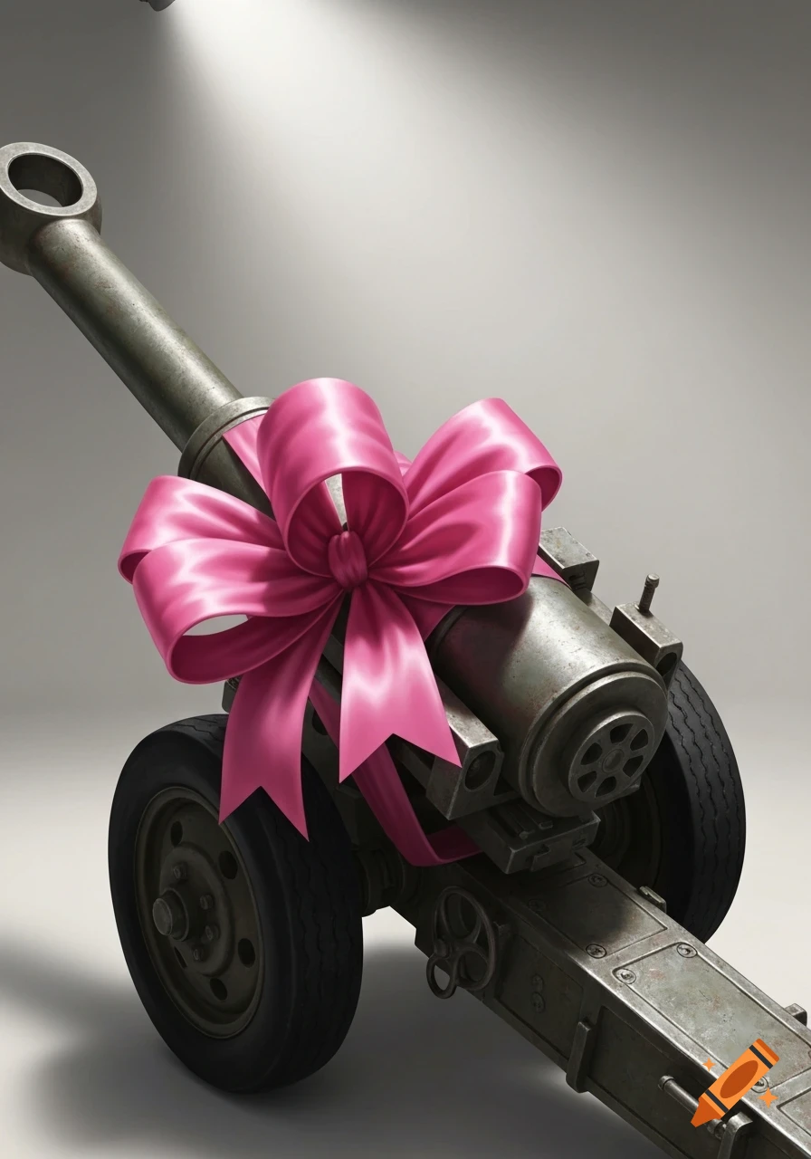 A gray howitzer cannon with wheels is wrapped in a large, shiny pink bow like a gift, set against a plain background.