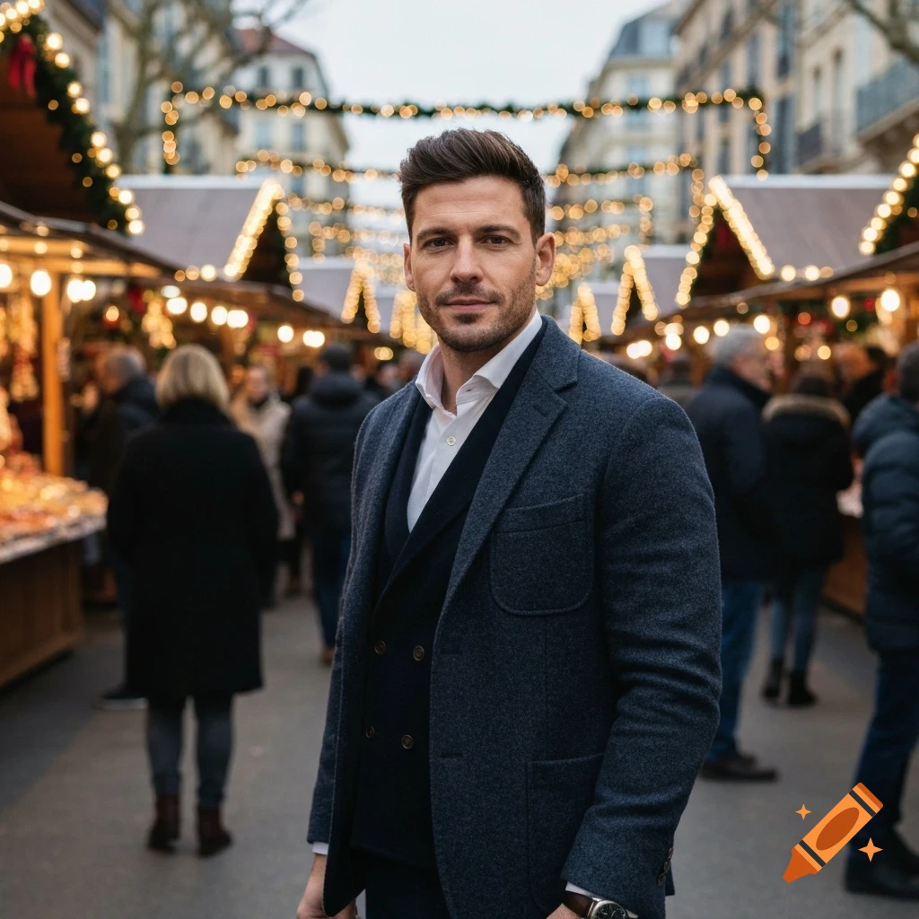 A well-dressed man in a coat stands in a bustling Christmas market adorned with festive lights, looking directly at the viewer.