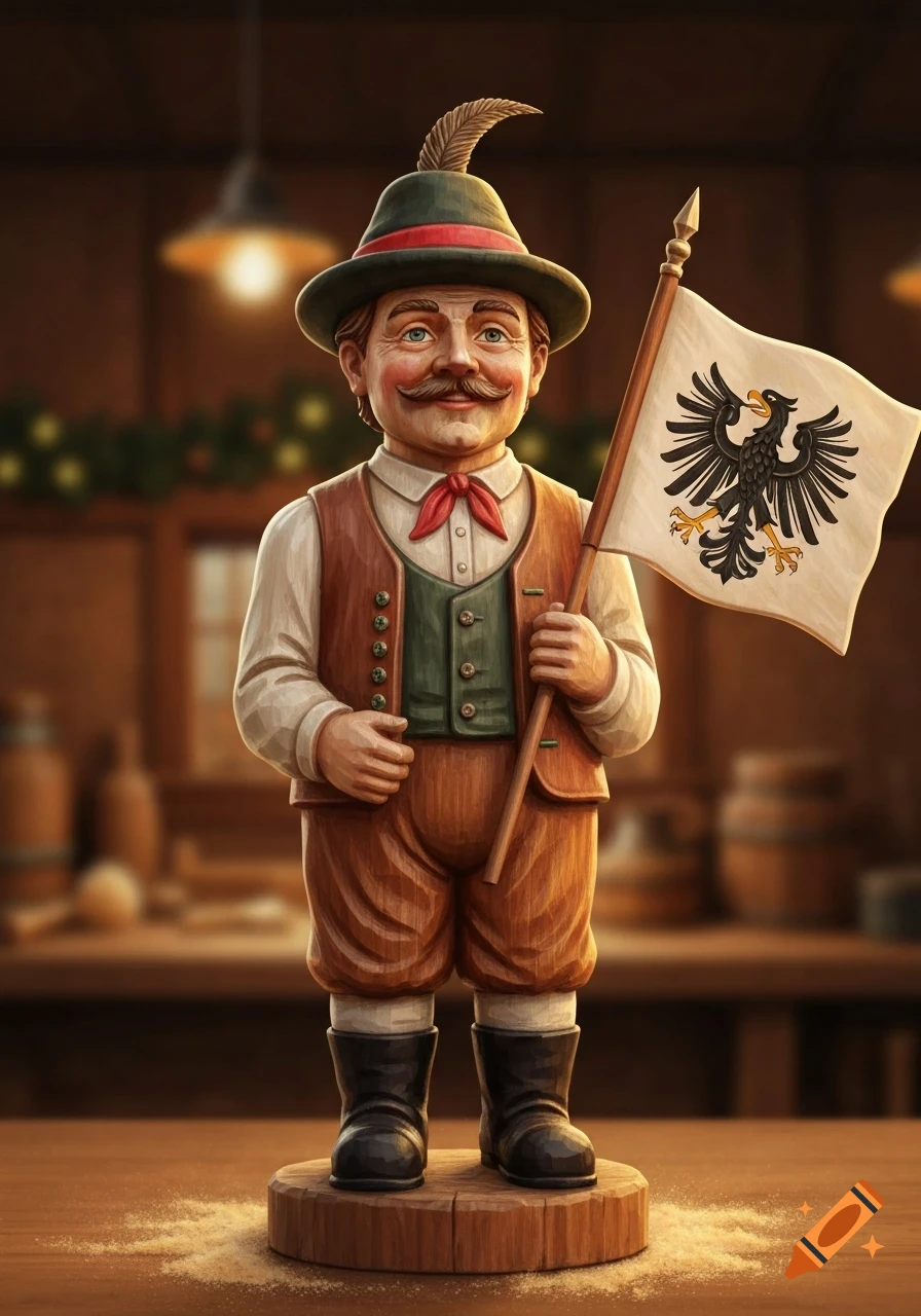 Carved wooden figurine of a man in traditional attire with a feathered hat, holding a white flag with a black eagle.