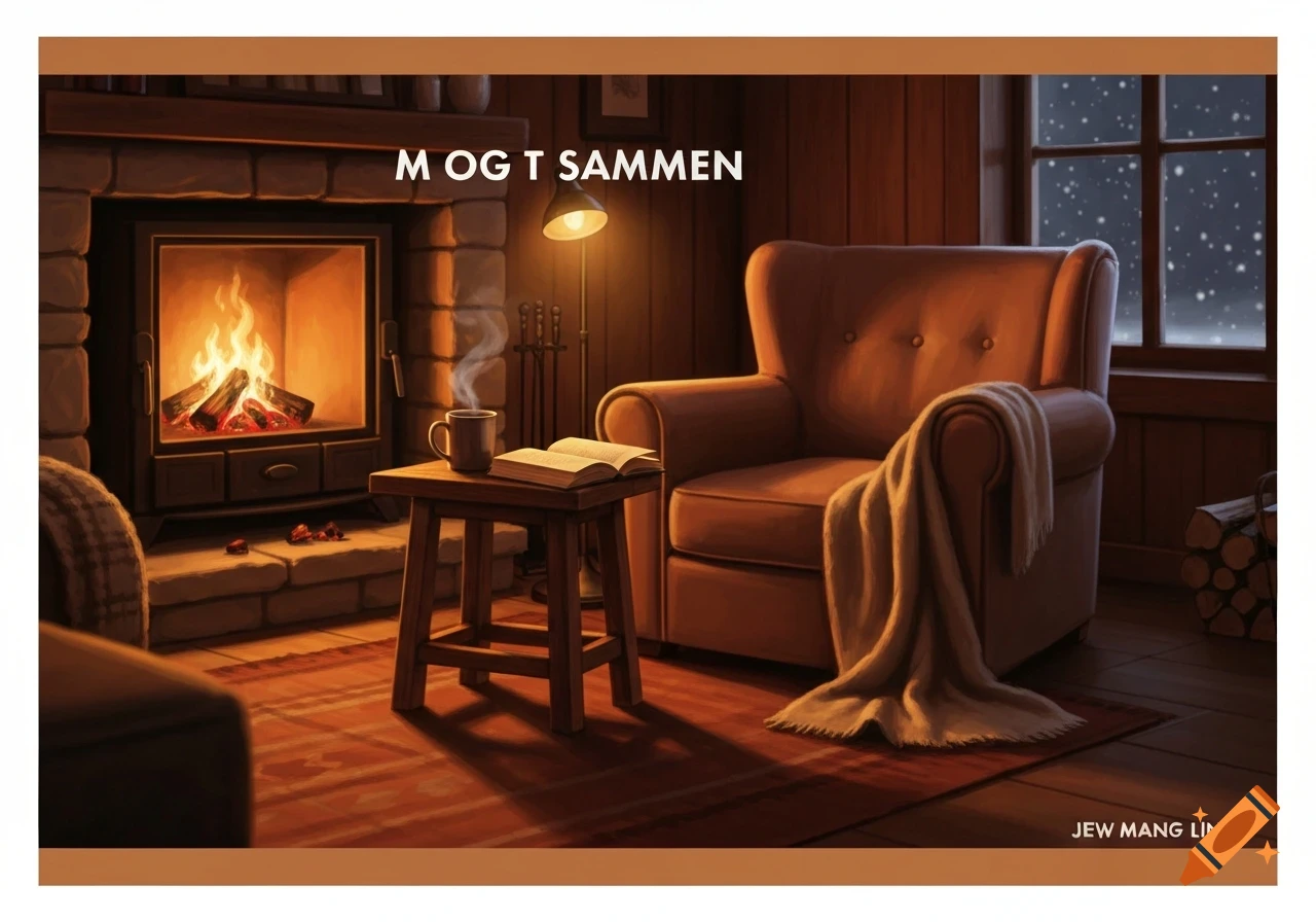 A warm, cozy living room scene with a lit fireplace, an armchair with a blanket, a mug, and a book on a small table, next to a window showing a snowy night. Text overlays the image.