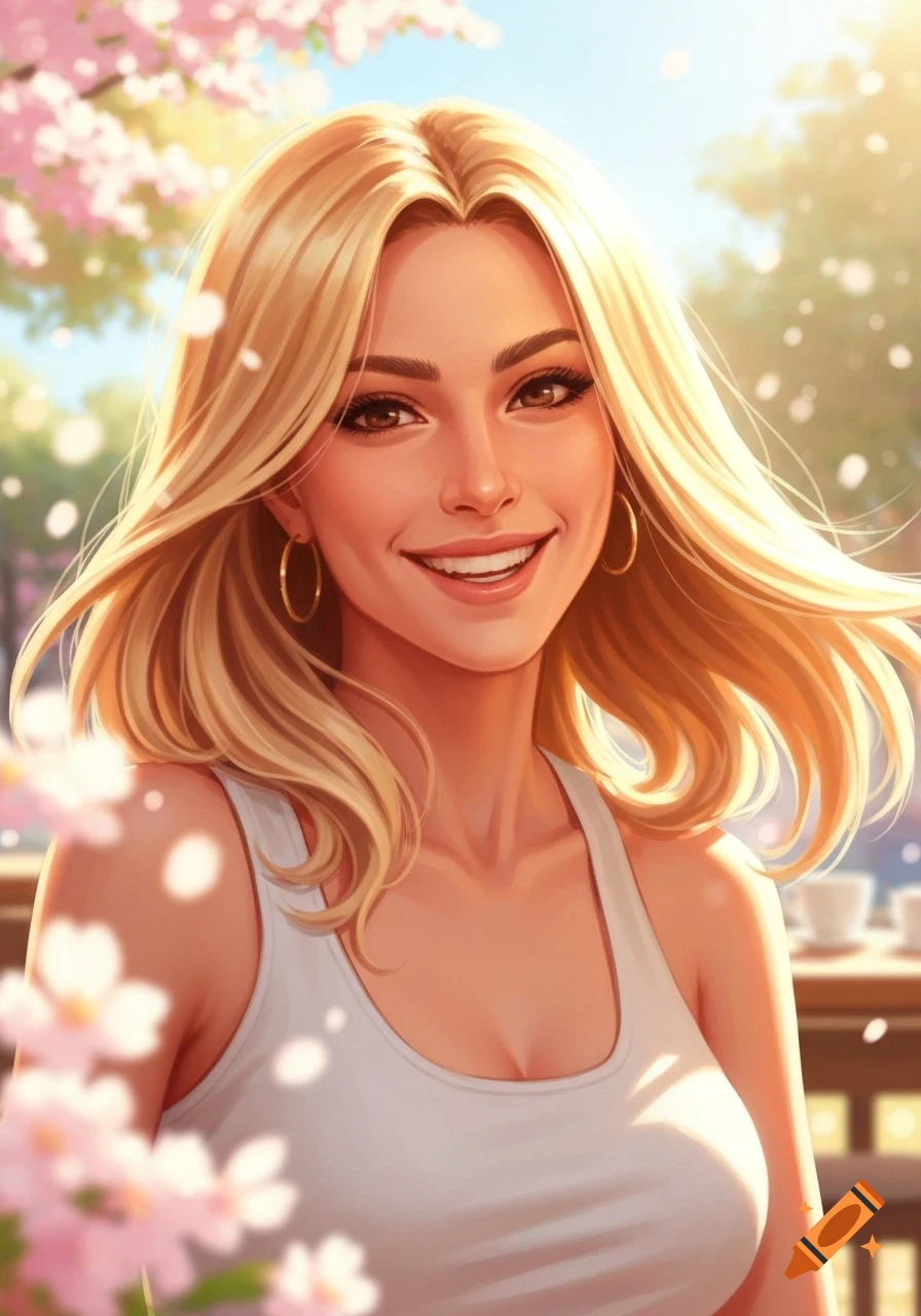 Close-up of a smiling blonde woman in a white tank top outdoors with pink cherry blossoms, digital art.
