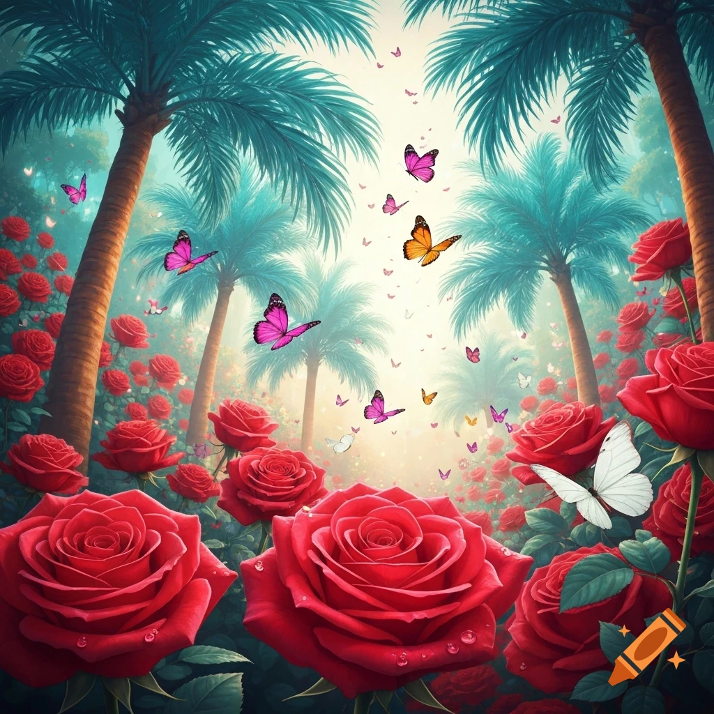 A lush garden with vibrant red roses in the foreground, turquoise palm trees in the background, and numerous magenta, orange, and white butterflies flying.