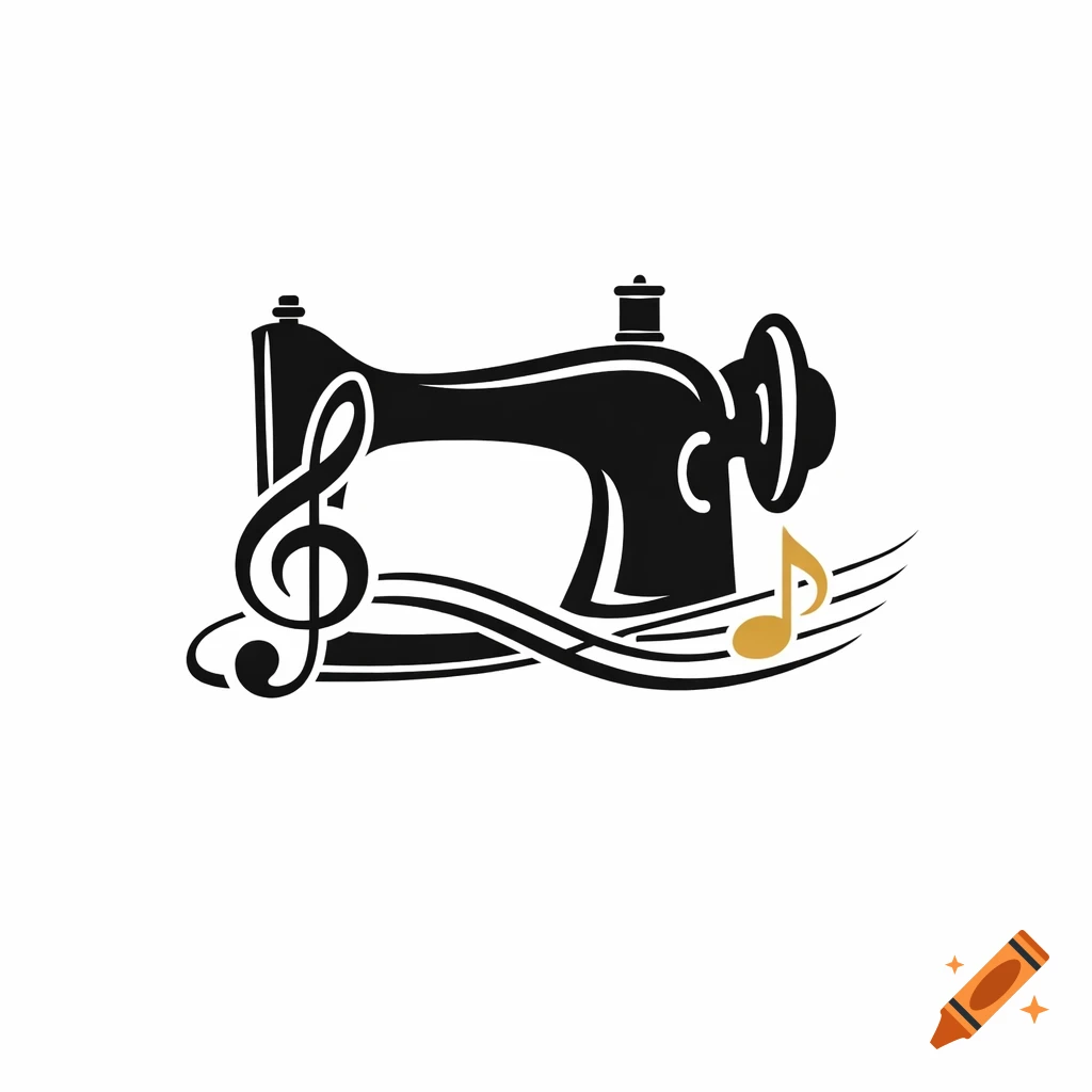 Black and gold logo featuring a stylized sewing machine with a treble clef and a musical note, on a white background.