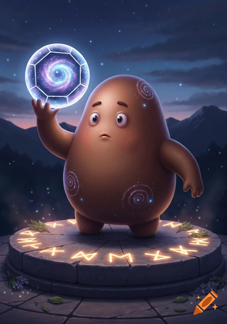 A cute, brown, potato-shaped creature stands on a rune-engraved stone, holding a glowing cosmic orb under a starry night sky.