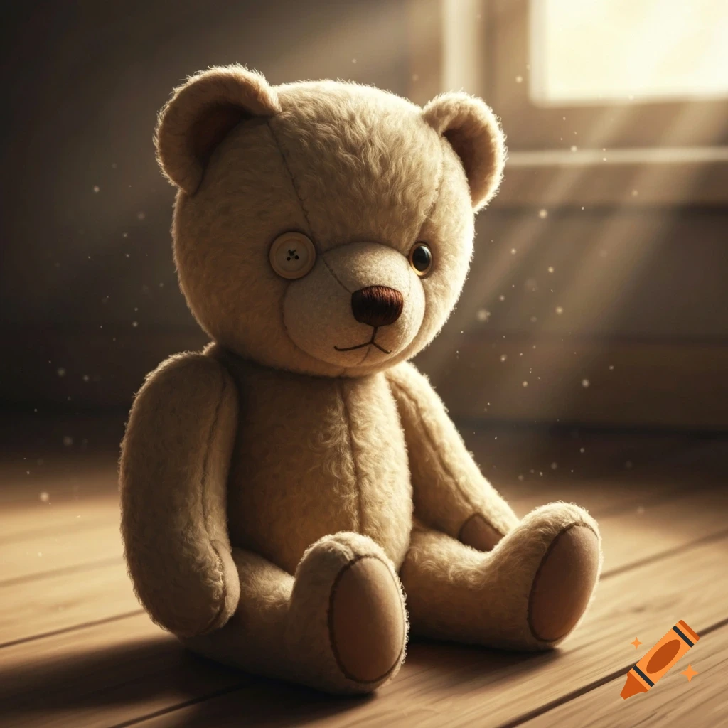 A cuddly, light brown teddy bear with one button eye and one normal eye sits on a sunlit wooden floor, dust motes floating in the air.