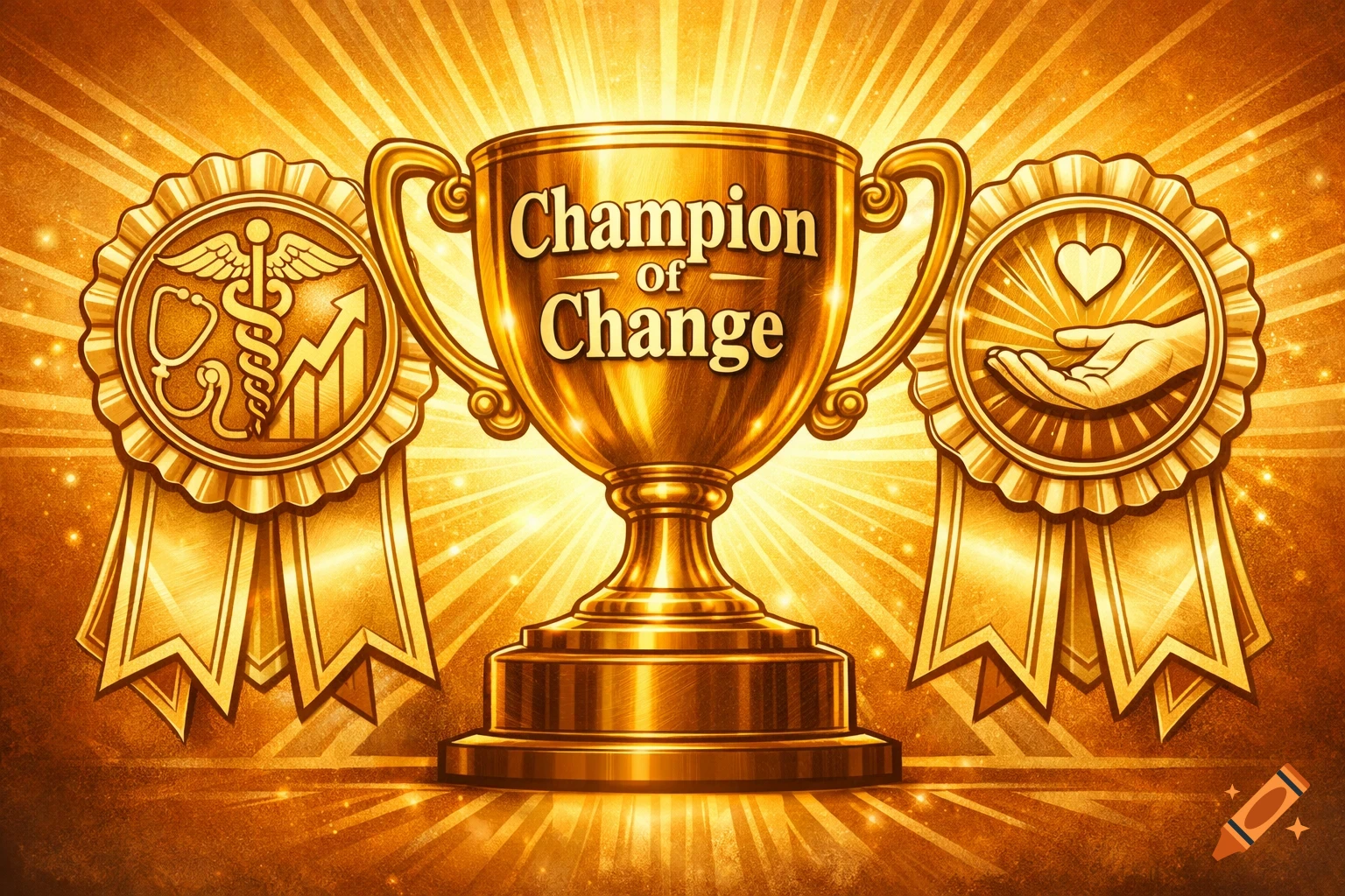 Golden trophy saying 'Champion of Change' with healthcare and progress ribbons on a radiant gold background.