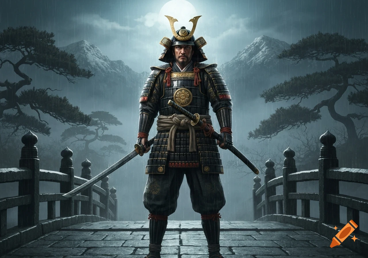 A lone samurai in full black and gold armor stands on a stone bridge with two katanas, in a moonlit, rainy mountain landscape.